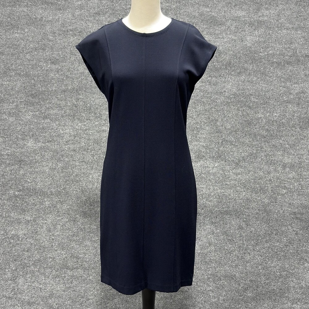 Theory Dress Womens 10 Navy Blue Onnie Oxford Knit Cap Sleeve Sheath Made USA